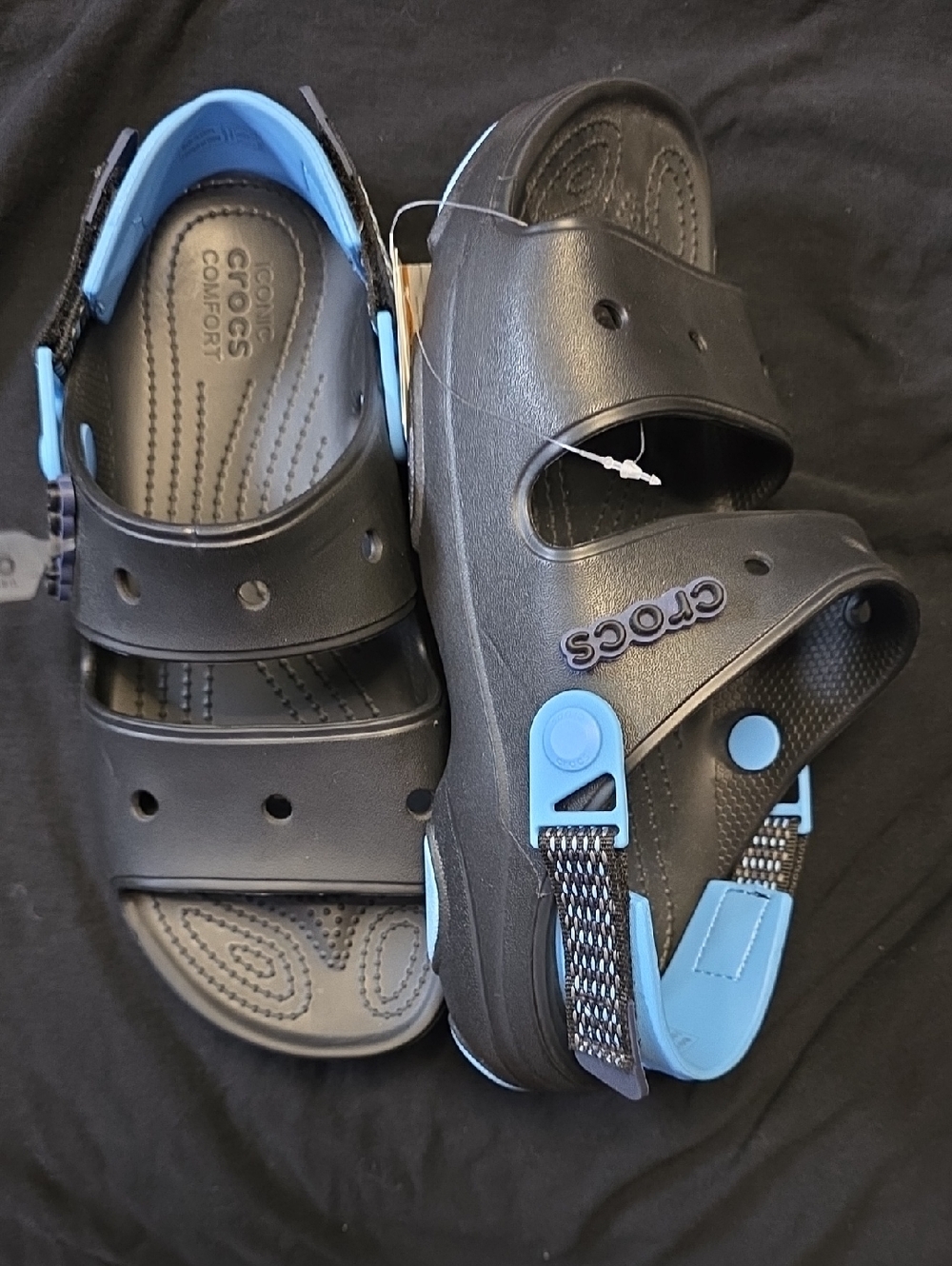CROCS Adult Black Sandals with Light Blue Backstrap